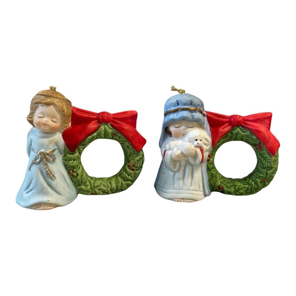 VTG Jasco Lil Chimers Ceramic Christmas Angel Shepherd Napkin Rings Set Of‎ 2